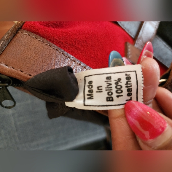 Red and Brown 100% Bolliva Leather Tote Bag - Picture 10 of 12